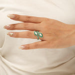 Load image into Gallery viewer, Baguette Cut Emerald Halo Diamond Ring, 14k Solid Gold, Natural Diamond, Statement Jewelry, Cocktail Ring, Bypass Leaf Ring, Open Wrap Ring
