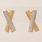 Load image into Gallery viewer, X Bar Diamond Stud Earrings, 14k Solid Gold, Natural Diamonds, Cluster Statement Jewelry, Everyday Minimalistic Studs, Ribbed Two Toned Bars