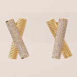 Load image into Gallery viewer, X Bar Diamond Stud Earrings, 14k Solid Gold, Natural Diamonds, Cluster Statement Jewelry, Everyday Minimalistic Studs, Ribbed Two Toned Bars
