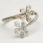 Load image into Gallery viewer, Floral Natural Diamond Bypass Ring: 14k Solid Gold Baguette Flowers Open Ring, Certified Jewelry