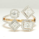 Load image into Gallery viewer, Diamond Open Cuff Ring, 14K Solid Gold, Quad Princess Cut Natural Diamonds, Halo Statement Ring, Proposal Cocktail Jewelry, Gift For Her