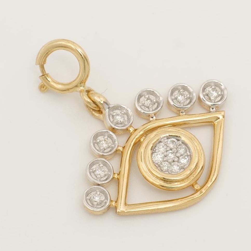 Evil Eye Diamond Charm, 14k Solid Gold, Natural Diamonds, Illusion Set Everyday Pendant, Dual Tone Layering Necklace, Ready To Ship