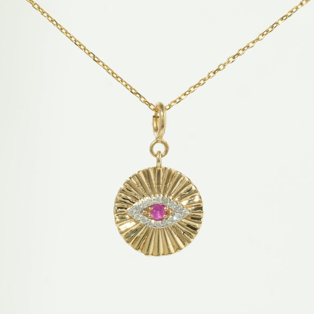 Evil Eye Medallion Diamond Charm Pendant, 14k Solid Gold, Natural Diamonds, Gemstone Layering Necklace, Ready To Ship, Certified Jewelry