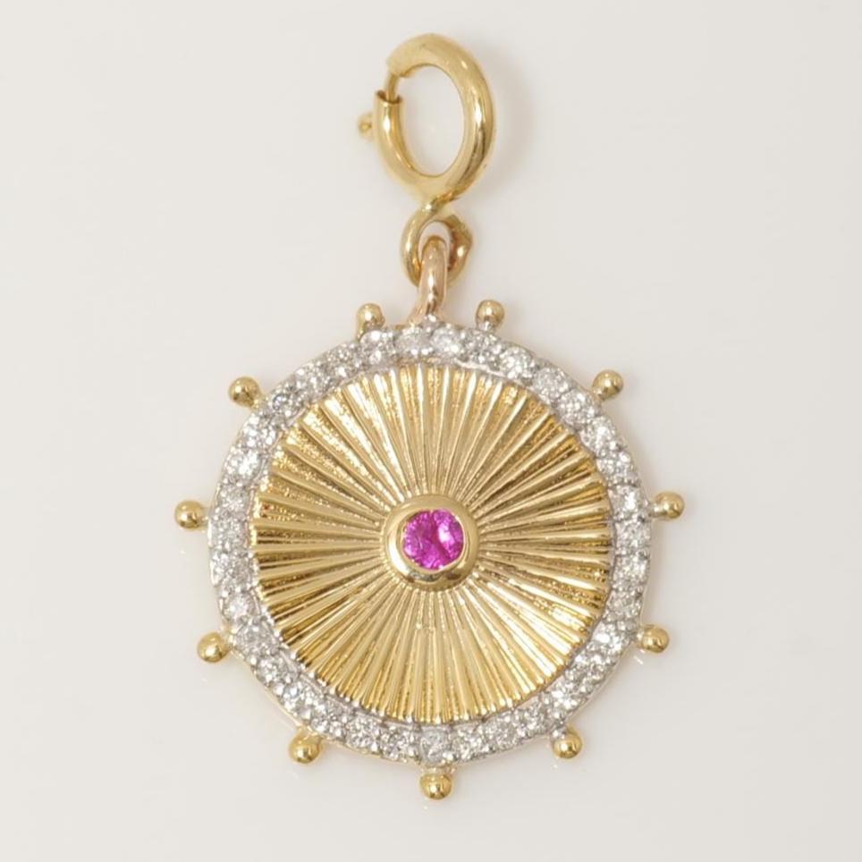 Sunburst Medallion Charm, 14k Solid Gold, Natural Diamond, Layering Pendant, Dual Tone Gemstone Necklace, Ready To Ship, Certified Jewelry