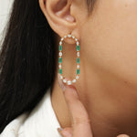 Load image into Gallery viewer, Emerald Diamond Long Stud Earrings, 14k Solid Gold, Natural Diamonds, Mixed Oval Hoops, Green Gemstone Statement Jewelry, Certified Jewelry