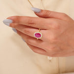 Load image into Gallery viewer, Oval Ruby Double Halo Diamond Ring, 14k Solid Gold, Natural Diamond, Cocktail Gemstone Jewelry, Statement Ring, Ready To Ship, IGI Certified