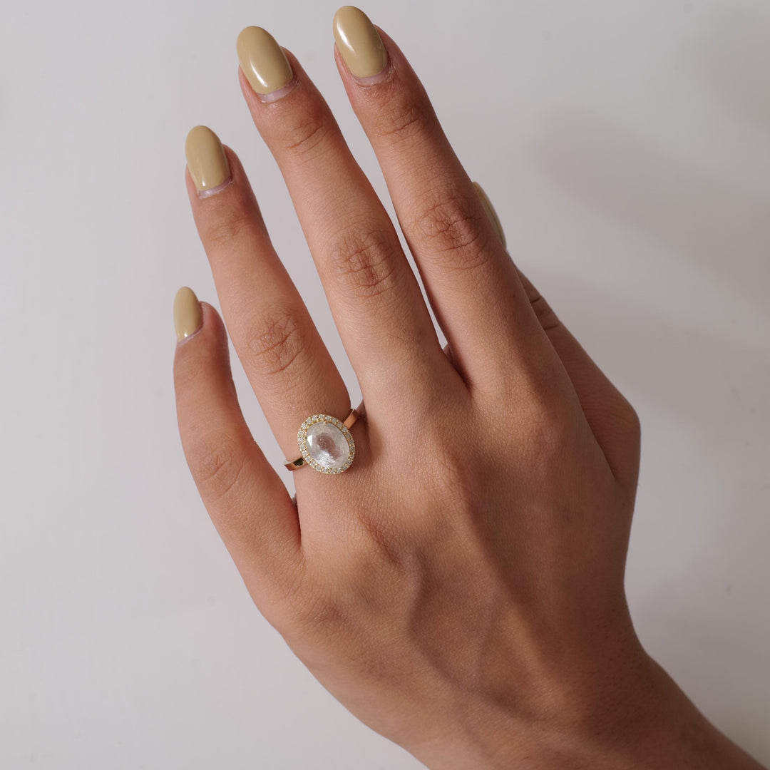 White Sapphire Oval Halo Diamond Ring, 14k Solid Gold, Natural Diamond, Cocktail Gemstone Statement Jewelry, Ready To Ship, HRD Certified