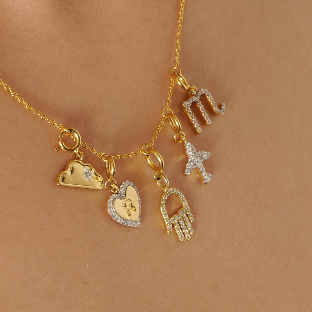 Embossed Initial Heart Charm, 14k Solid Gold, Natural Diamonds, Everyday Layering Pendant, Personalised Letter Necklace, Ready To Ship