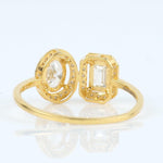 Load image into Gallery viewer, Twin Solitaire Halo Diamond Ring, 14k Solid Gold, Natural Diamonds, Oval Emerald Cut Ring, Toi et Moi Statement Ring, Certified Jewelry