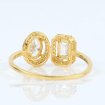 Load image into Gallery viewer, Twin Solitaire Halo Diamond Ring, 14k Solid Gold, Natural Diamonds, Oval Emerald Cut Ring, Toi et Moi Statement Ring, Certified Jewelry