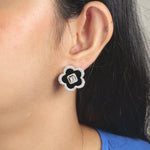 Load image into Gallery viewer, Onyx Flower Diamond Stud Earrings, 14k Solid Gold, Fancy Natural Diamonds, Floral Halo Studs, Gemstone Statement Earrings, Certified Jewelry