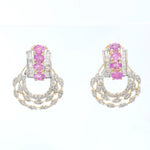 Load image into Gallery viewer, Pink Sapphire Diamond Studs Earrings, 14k Solid Gold, Natural Diamonds, Gemstone Statement Studs, Semi Circle Hoops, Certified Jewelry