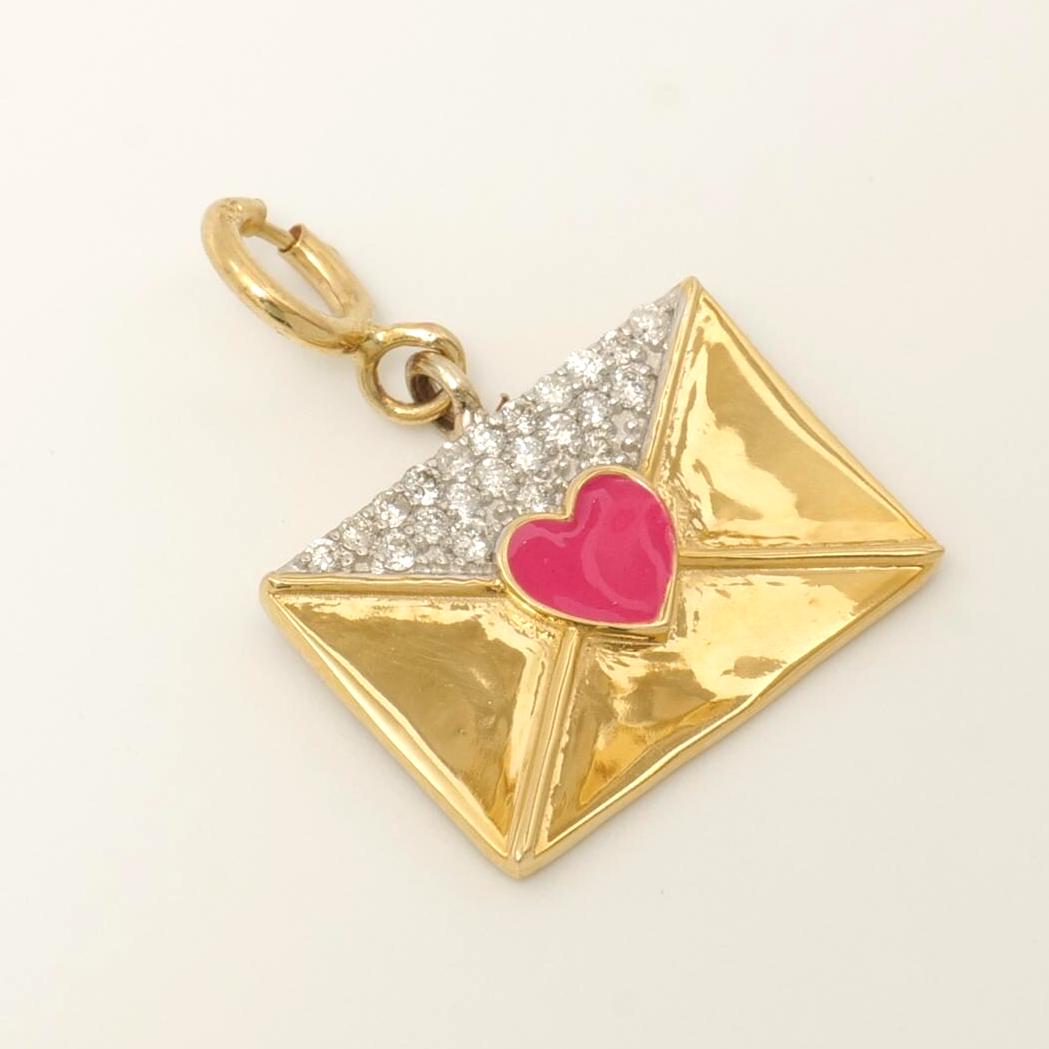 Envelope Heart Diamond Charm, 14k Solid Gold, Natural Diamond, Enamel Layering Pendant, Minimal Necklace, Ready To Ship, Certified Jewelry