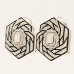 Load image into Gallery viewer, 14k Gold Hexagon Diamond Stud Earrings: Emerald Cut Halo, Enamel Accent