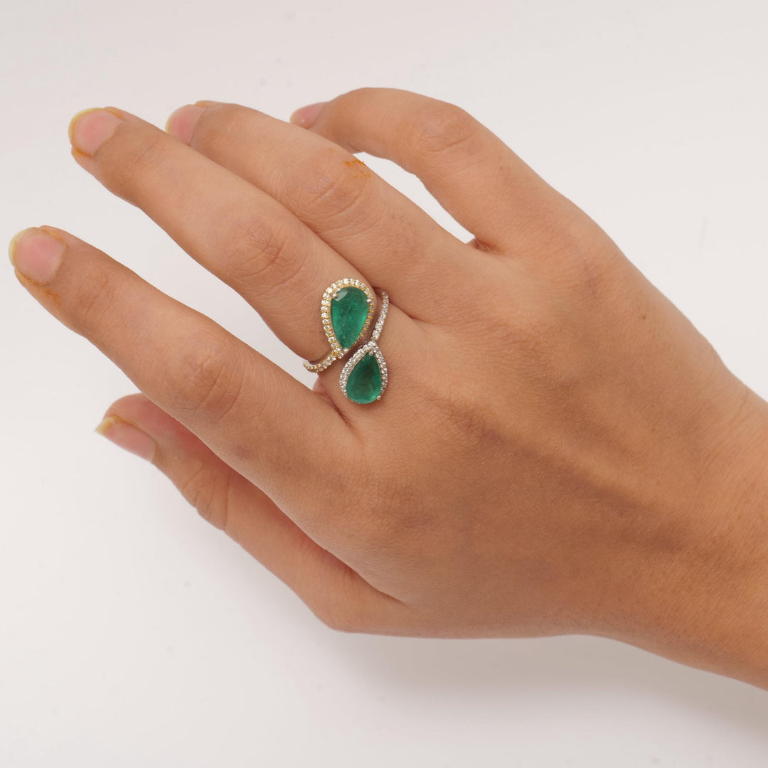 Emerald Halo Diamond Bypass Ring, 14k Solid Gold, Natural Diamonds, Pear Gemstone Wrap Band, Statement Cocktail Jewelry, Certified Jewelry