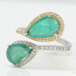 Load image into Gallery viewer, Emerald Halo Diamond Bypass Ring, 14k Solid Gold, Natural Diamonds, Pear Gemstone Wrap Band, Statement Cocktail Jewelry, Certified Jewelry
