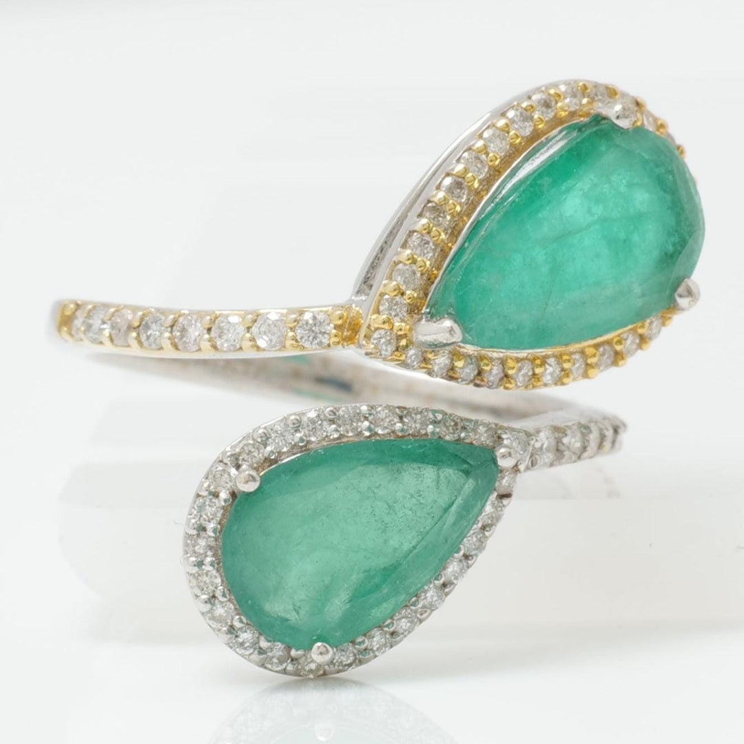 Emerald Halo Diamond Bypass Ring, 14k Solid Gold, Natural Diamonds, Pear Gemstone Wrap Band, Statement Cocktail Jewelry, Certified Jewelry