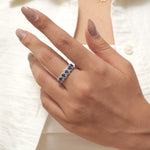 Load image into Gallery viewer, Blue Sapphire Diamond Eternity Band Ring, 14k Solid Gold, Natural Diamonds, Halo Oval Gemstone Band, Stacking Ring, Certified Jewelry