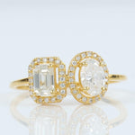 Load image into Gallery viewer, Twin Solitaire Halo Diamond Ring, 14k Solid Gold, Natural Diamonds, Oval Emerald Cut Ring, Toi et Moi Statement Ring, Certified Jewelry