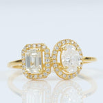 Load image into Gallery viewer, Twin Solitaire Halo Diamond Ring, 14k Solid Gold, Natural Diamonds, Oval Emerald Cut Ring, Toi et Moi Statement Ring, Certified Jewelry