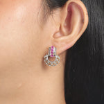 Load image into Gallery viewer, Pink Sapphire Diamond Studs Earrings, 14k Solid Gold, Natural Diamonds, Gemstone Statement Studs, Semi Circle Hoops, Certified Jewelry