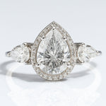 Load image into Gallery viewer, Pear Solitaire Halo Diamond Ring, 14k Solid Gold, Natural Diamonds, Teardrop Three Stone Ring, Statement Engagement Ring, Certified Jewelry