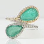Load image into Gallery viewer, Emerald Halo Diamond Bypass Ring, 14k Solid Gold, Natural Diamonds, Pear Gemstone Wrap Band, Statement Cocktail Jewelry, Certified Jewelry