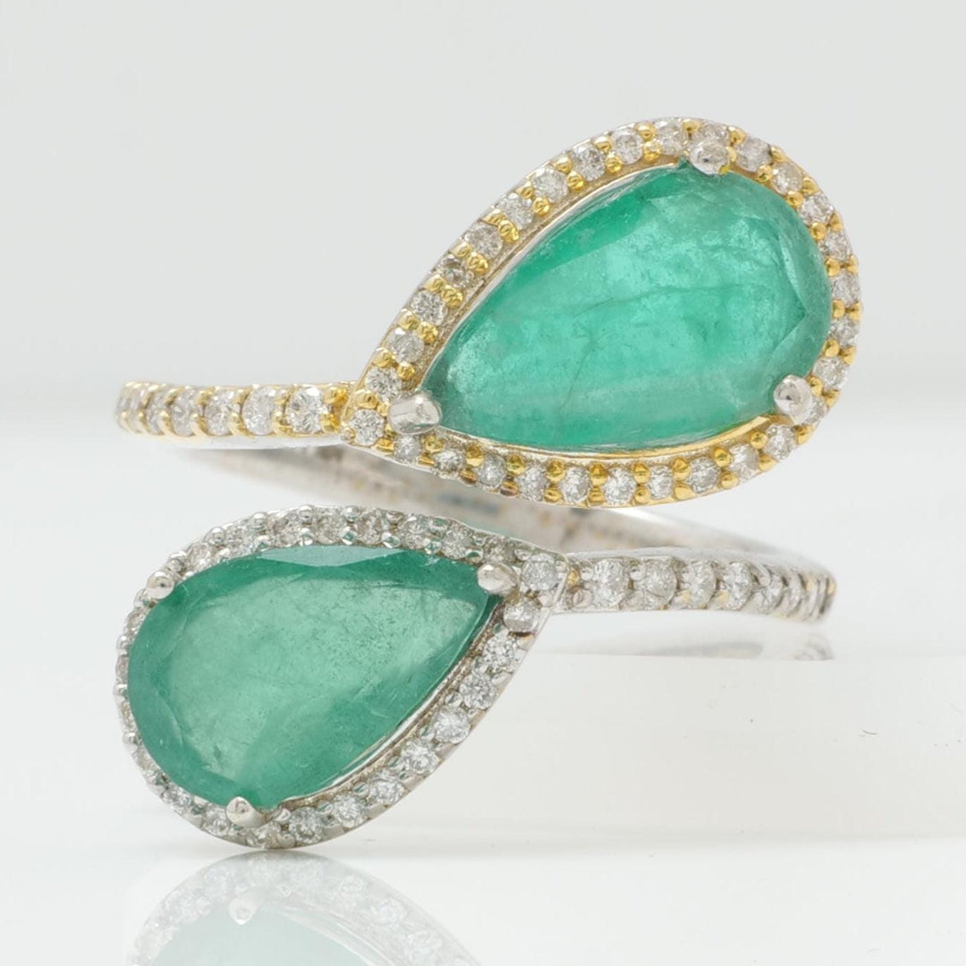 Emerald Halo Diamond Bypass Ring, 14k Solid Gold, Natural Diamonds, Pear Gemstone Wrap Band, Statement Cocktail Jewelry, Certified Jewelry