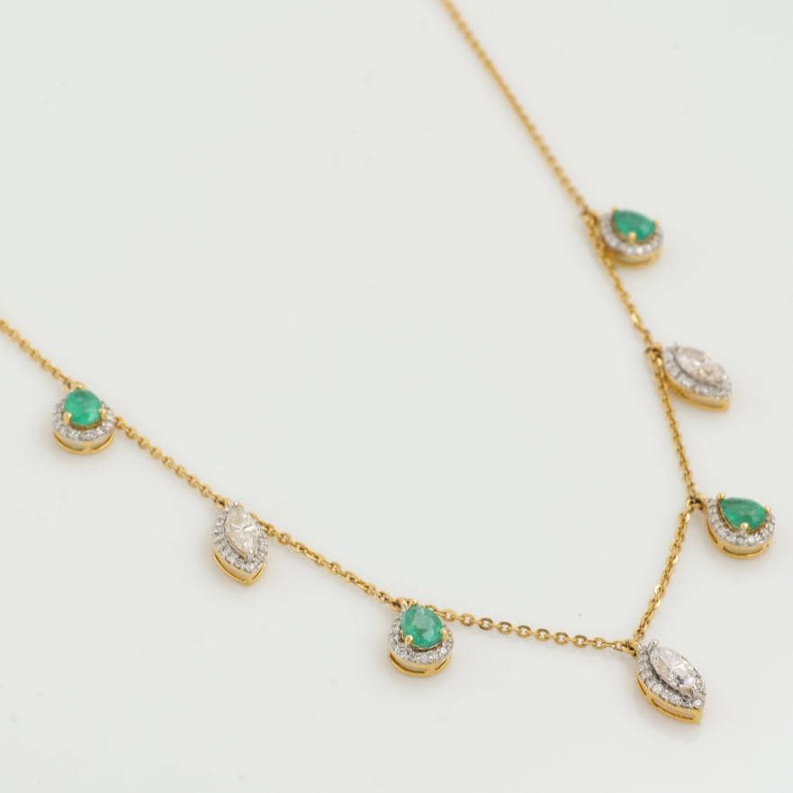 Emerald Diamond Halo Drop Necklace: 14k Gold Gemstone Station Chain