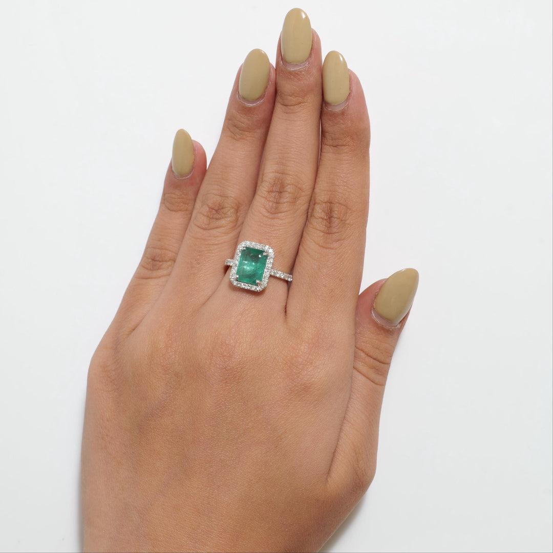 Emerald Halo Diamond Ring: 14k Gold Gemstone Engagement Jewelry