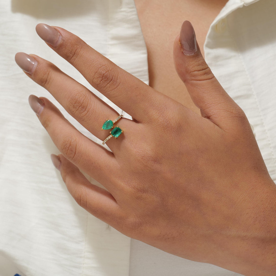 Natural Pear and Square Emerald Diamond Bypass Ring: 14k Solid Gold Gemstone Promise Jewellery, Certified Jewelry