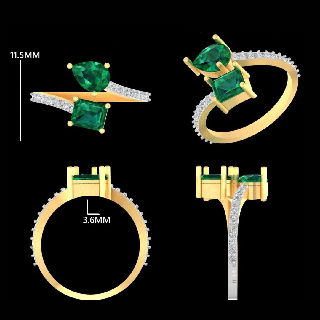 Natural Pear and Square Emerald Diamond Bypass Ring: 14k Solid Gold Gemstone Promise Jewellery, Certified Jewelry