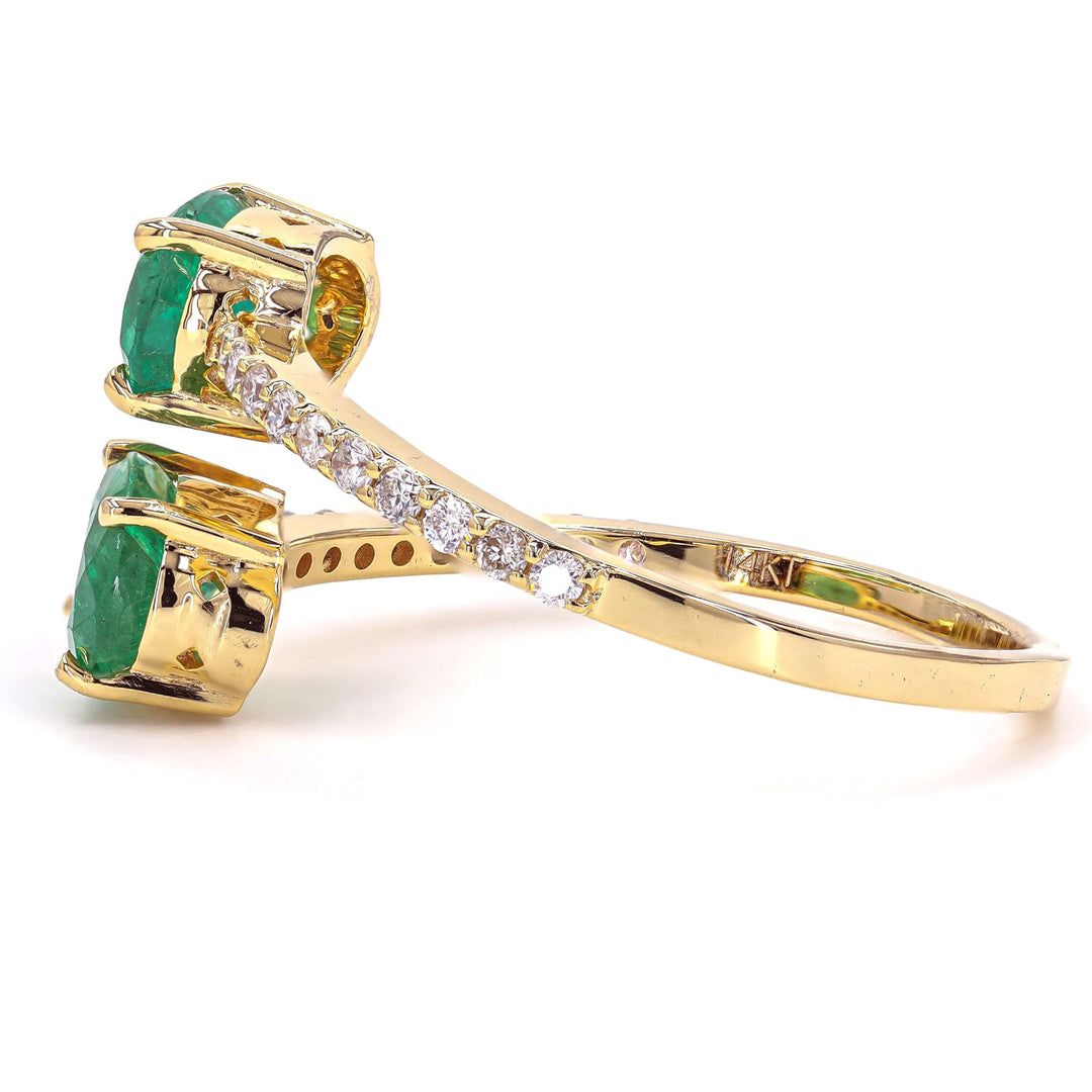 Natural Emeralds & Diamond Bypass Ring: 14k Solid Gold Two-Stone Gemstone Promise Jewellery, Certified Jewelry