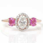 Load image into Gallery viewer, Natural Oval Diamond & Ruby Ring: 14k Solid Gold Halo Three Stone Ring, Certified Jewelry