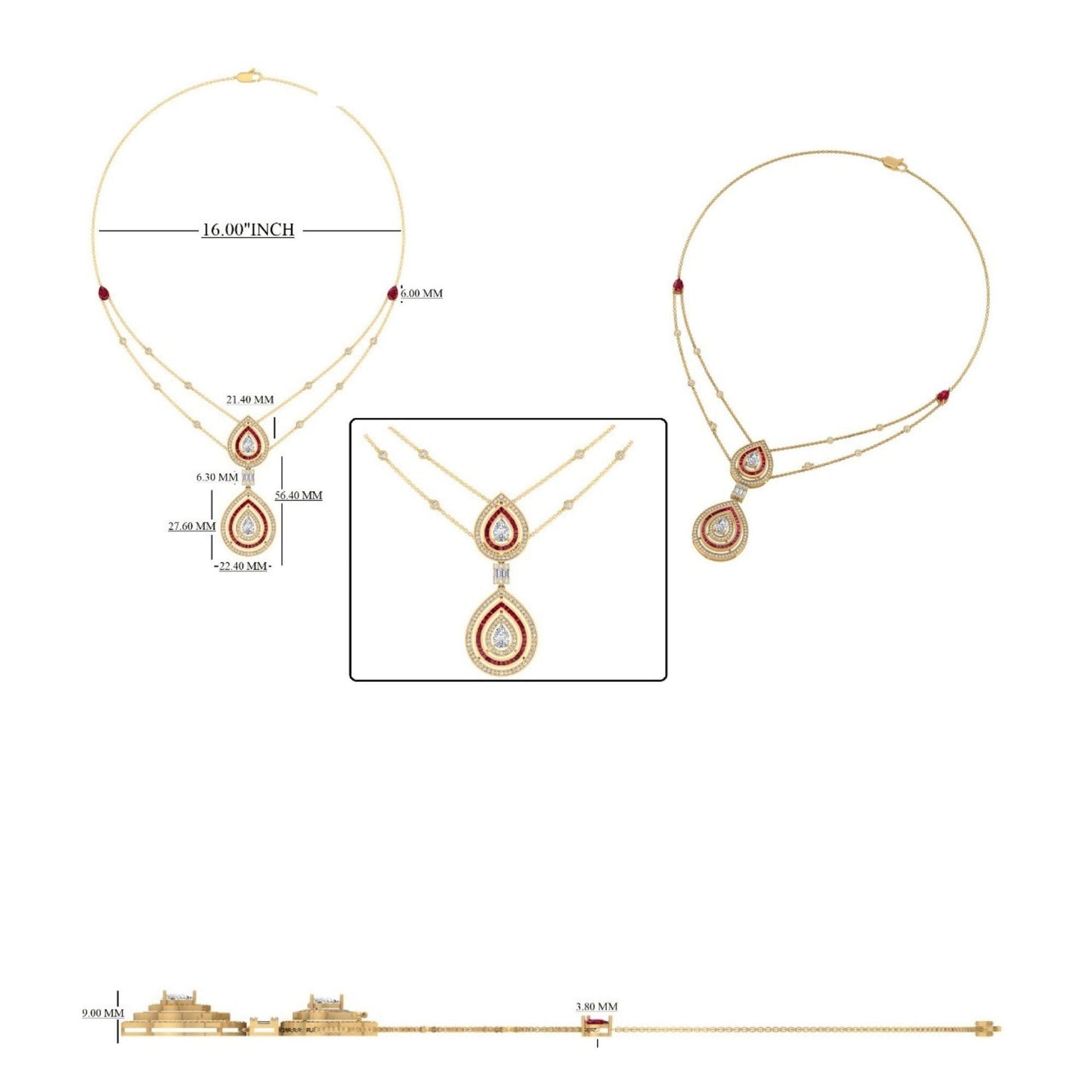 Natural Pear Diamond Halo Ruby Bridal Necklace: 14k Solid Gold Double Drop Gemstone Jewellery, Certified Jewelry