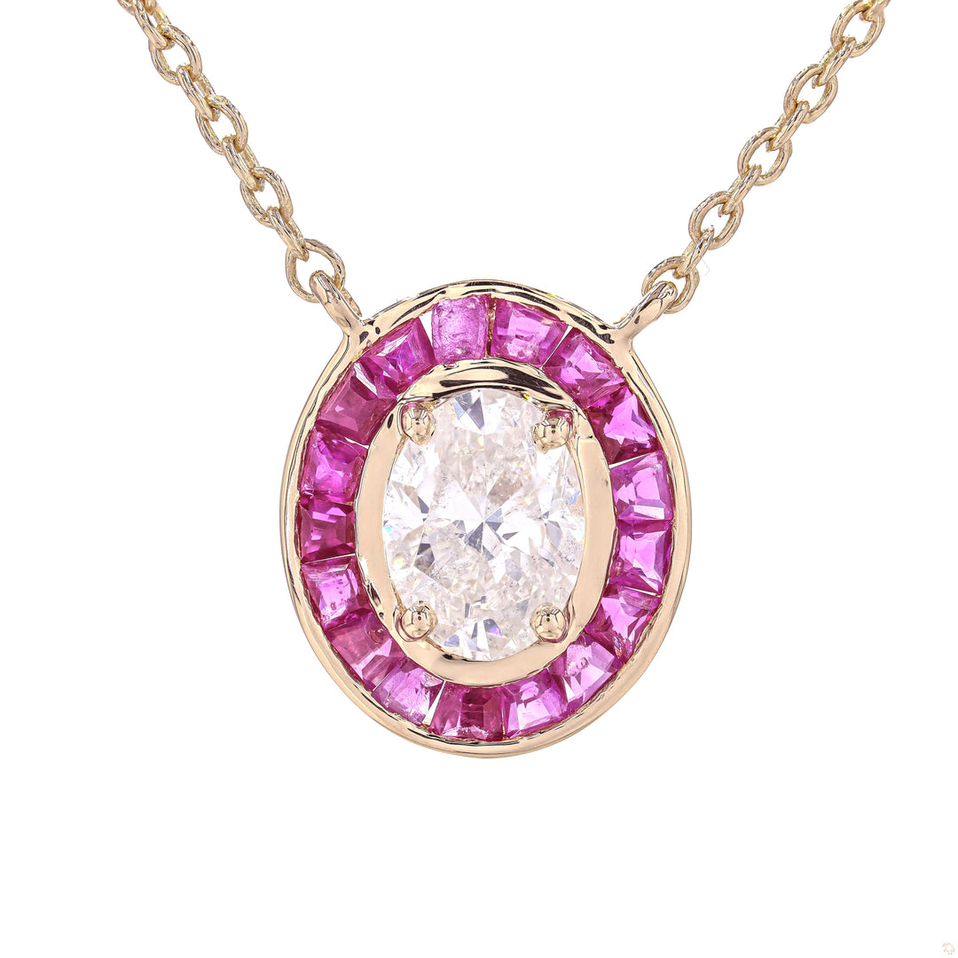 Oval Diamond Necklace with halo set ruby