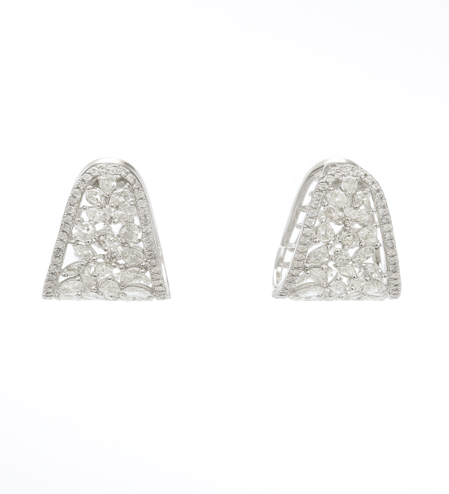 Floral Trapeze Diamond Earrings, 14k Solid Gold, Natural Diamonds, Geometric Clip-On Studs, Gift for Her