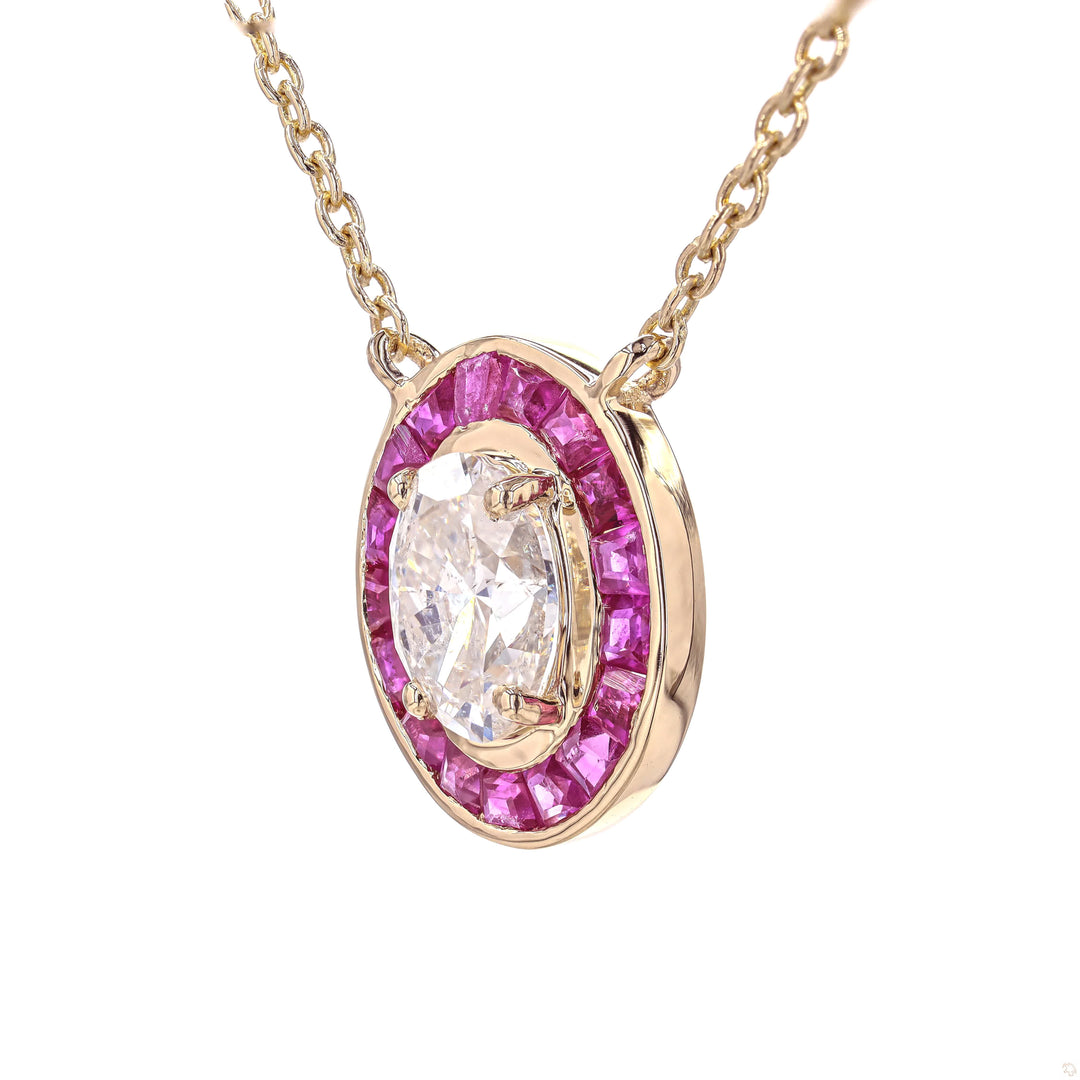 Oval Diamond Necklace with halo set ruby