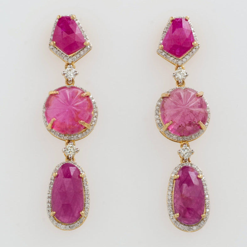 Ruby Tourmaline Drop Diamond Earrings