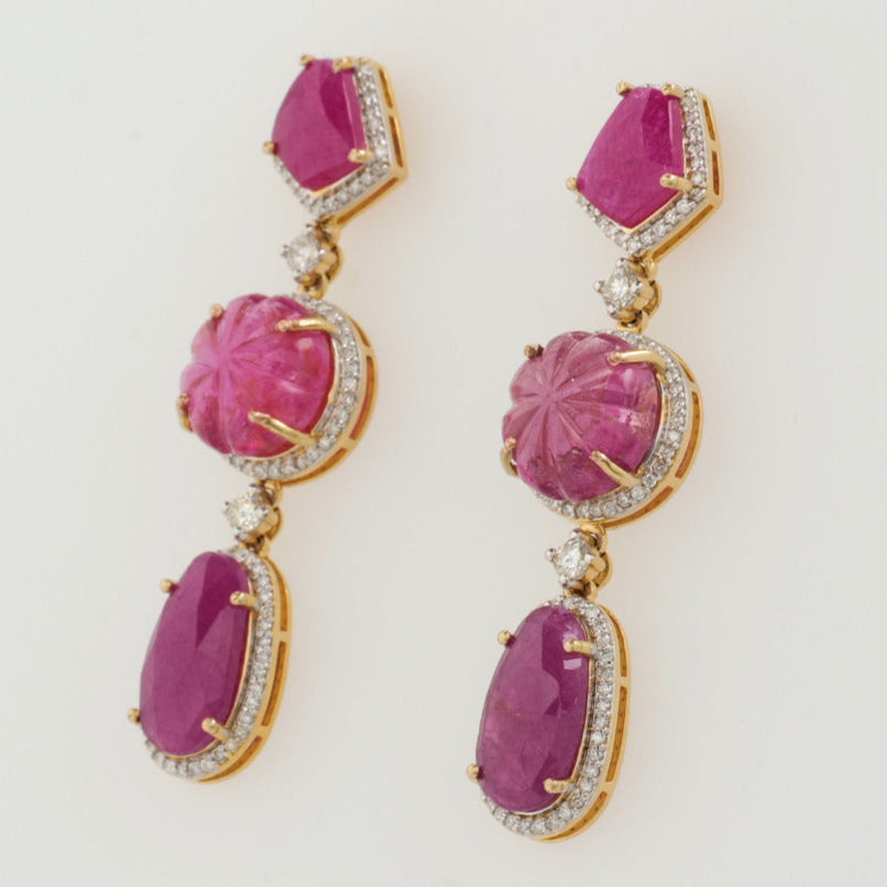 Ruby Tourmaline Drop Diamond Earrings