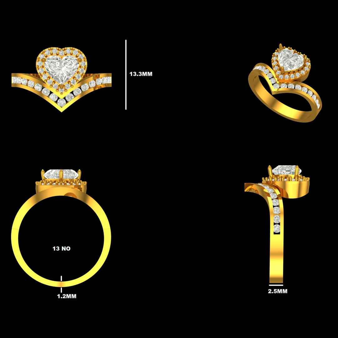Heart Shape Diamond Halo Chevron Ring