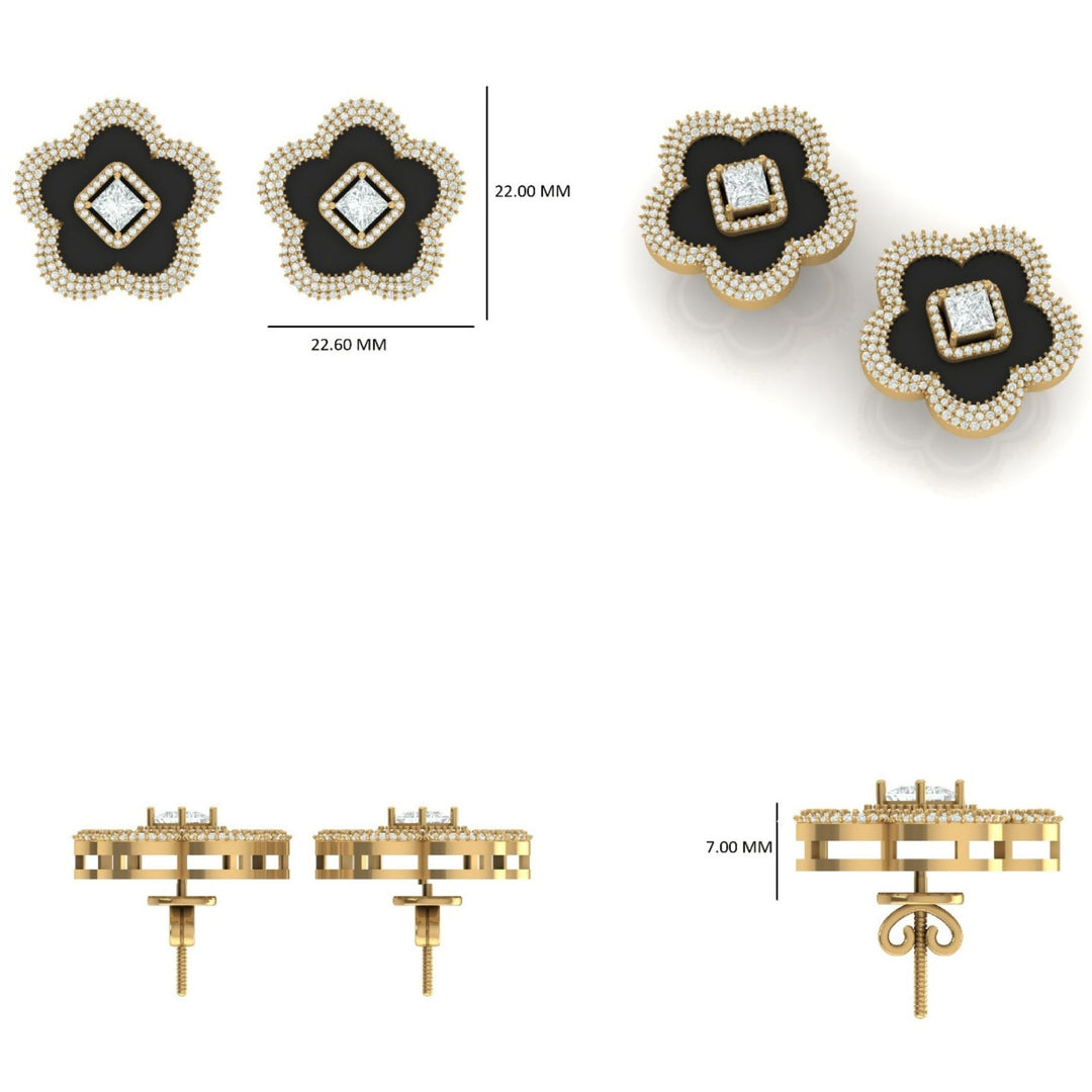 Onyx Flower Diamond Stud Earrings
