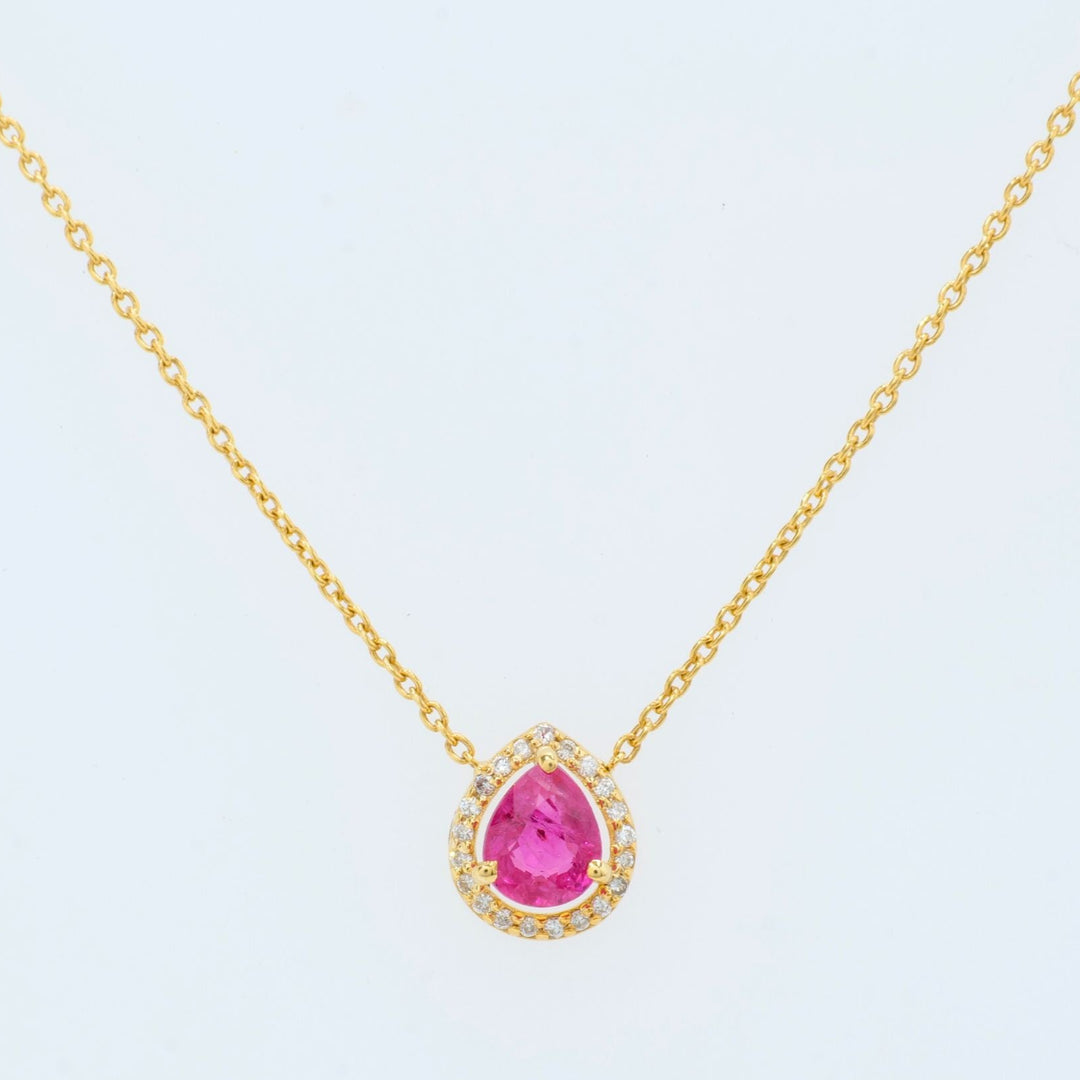 Pear ruby halo diamond necklace