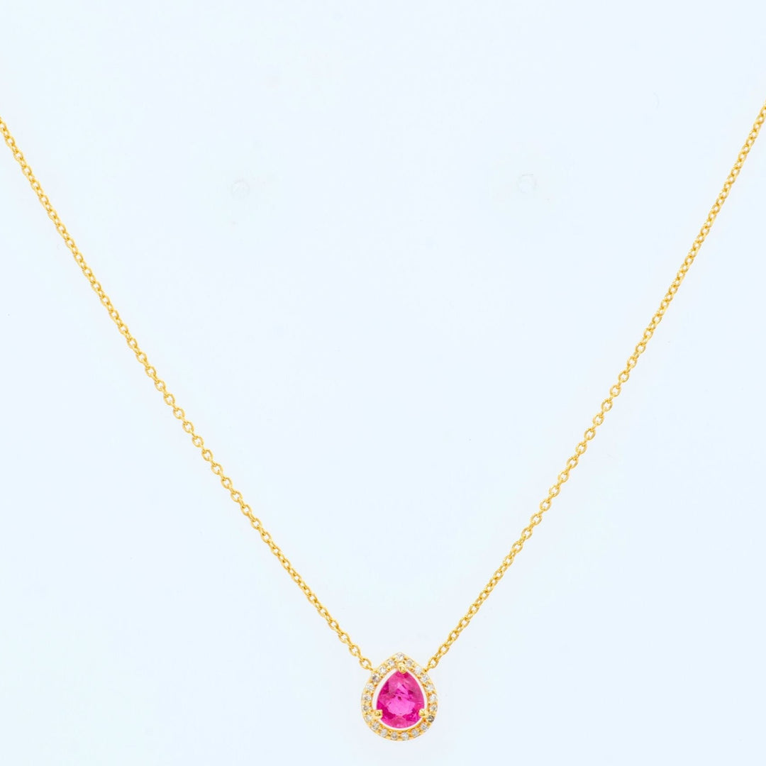 Pear ruby halo diamond necklace