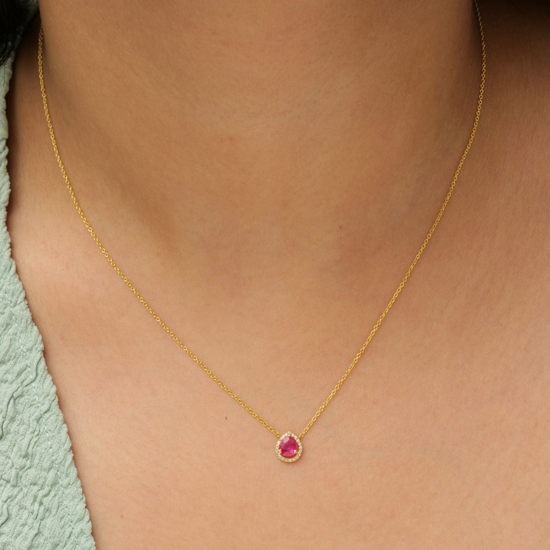 Pear ruby halo diamond necklace