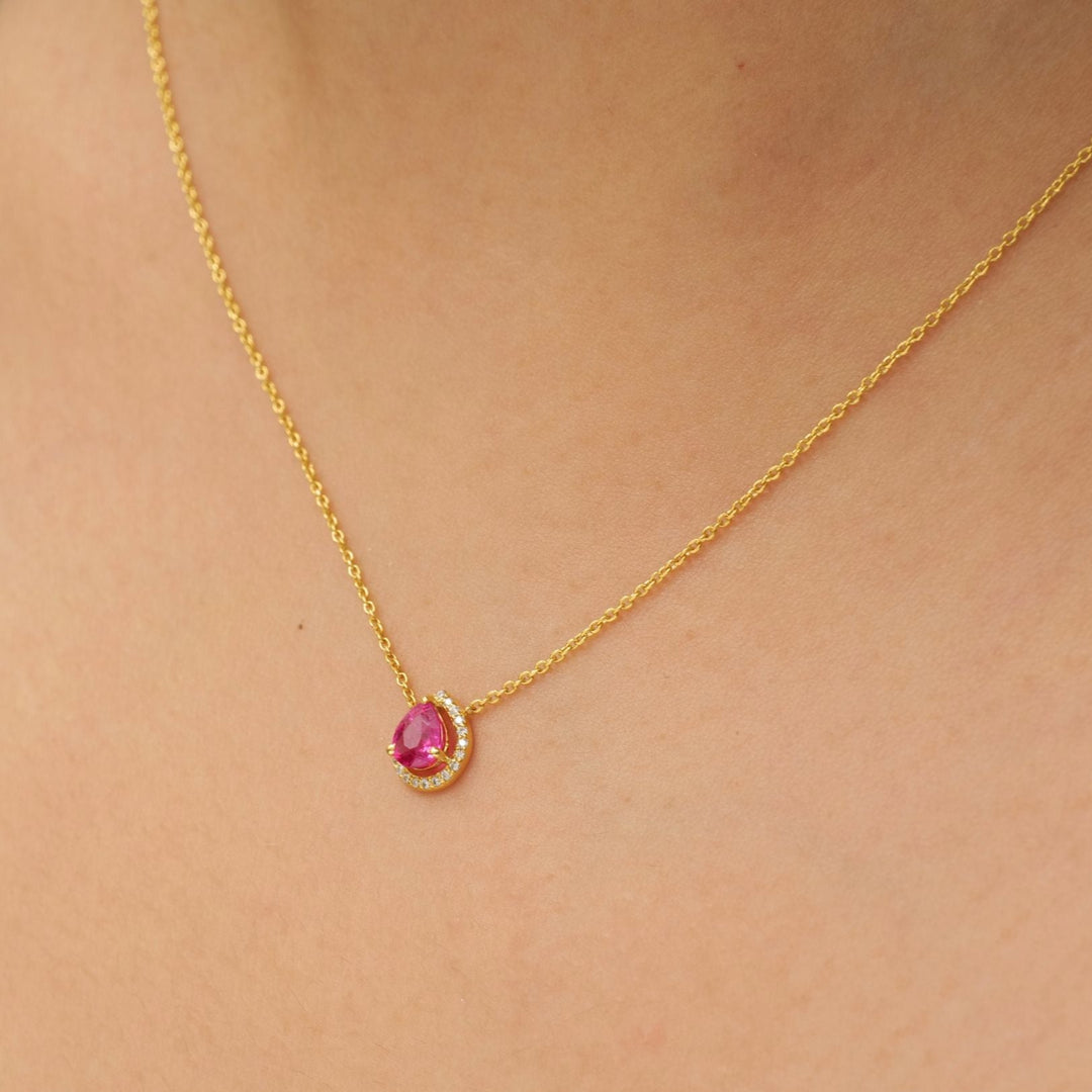 Pear ruby halo diamond necklace