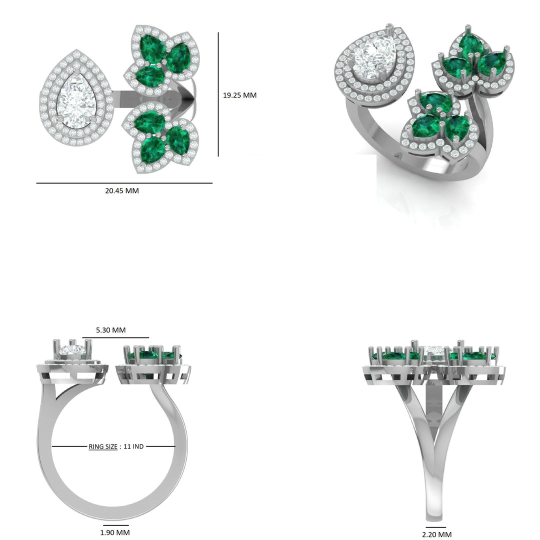 Pear Halo Diamond Emerald Open Ring