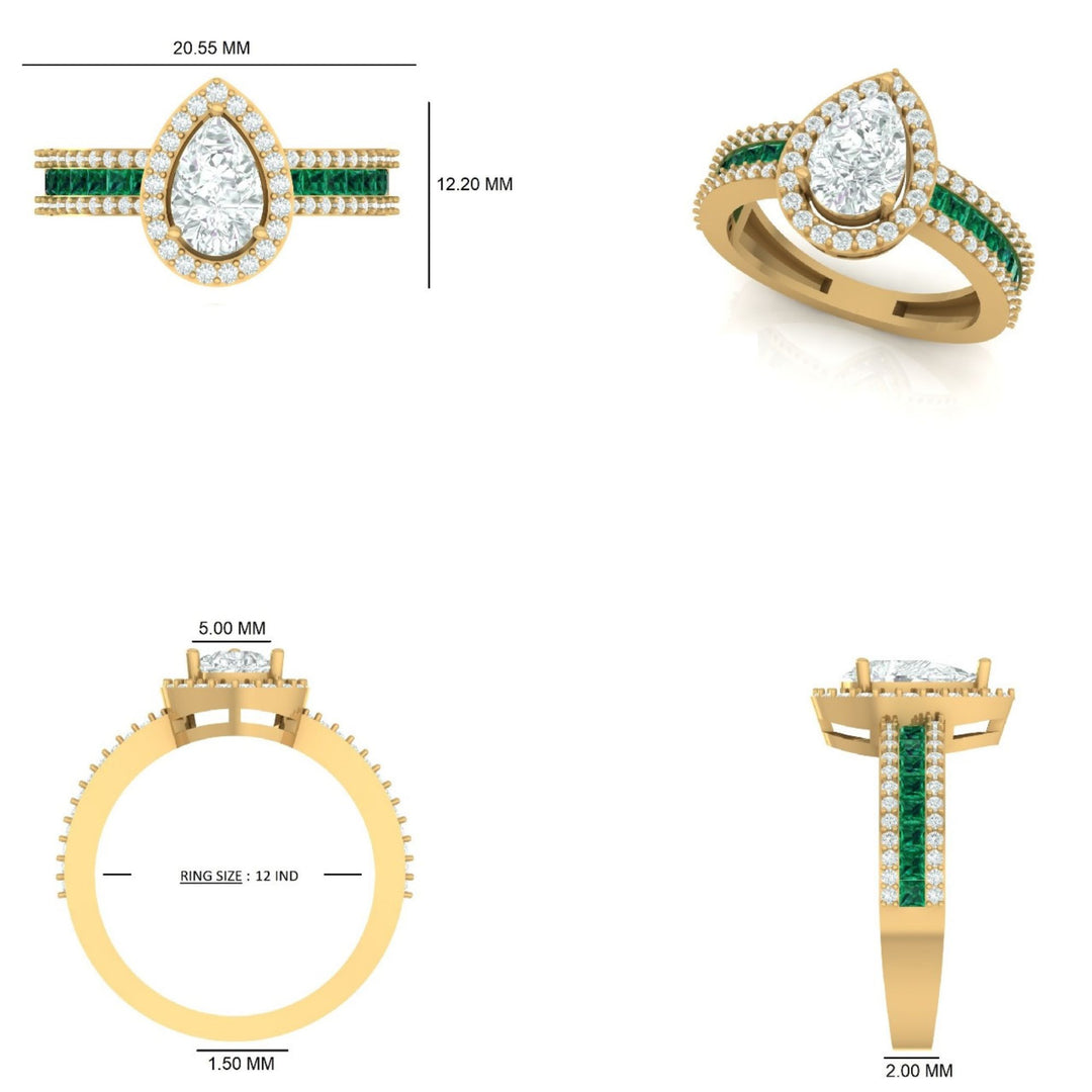 Pear Halo Diamond Emerald Band Ring