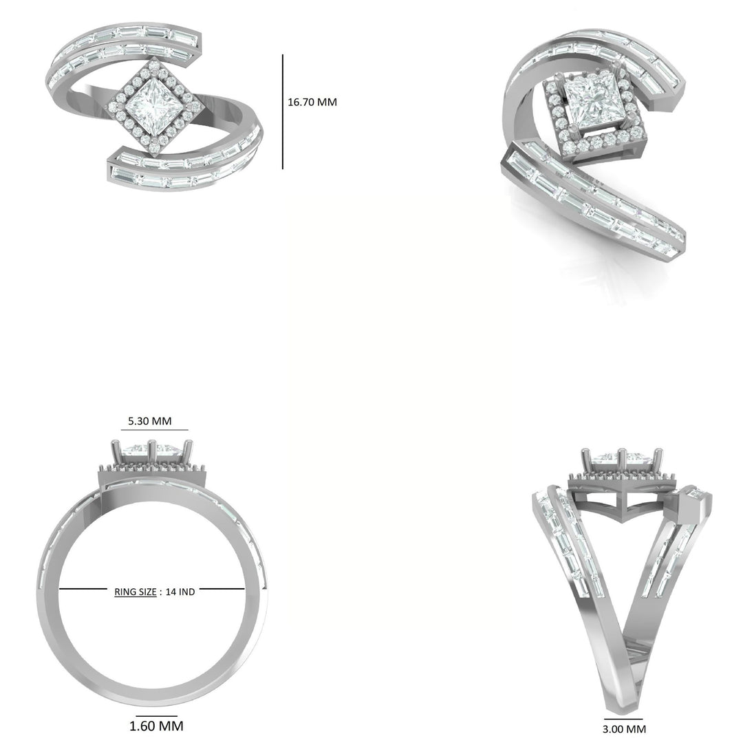 Princess Cut Halo Diamond Bypass Ring
