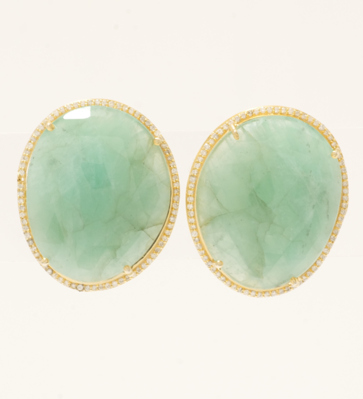 Oval Green Gemstone Halo Diamond Earrings